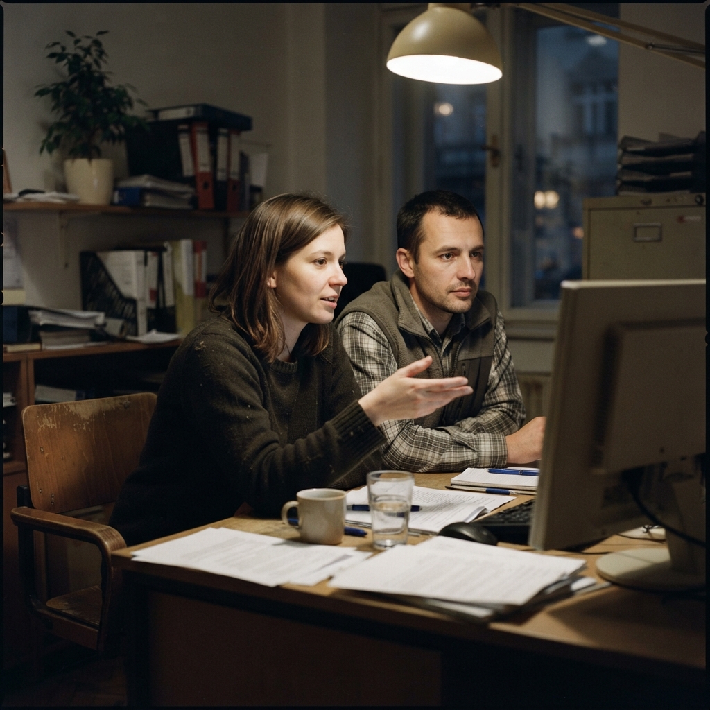 Dvě osoby v back office u monitoru probírají papírové doklady rozložené na stole.