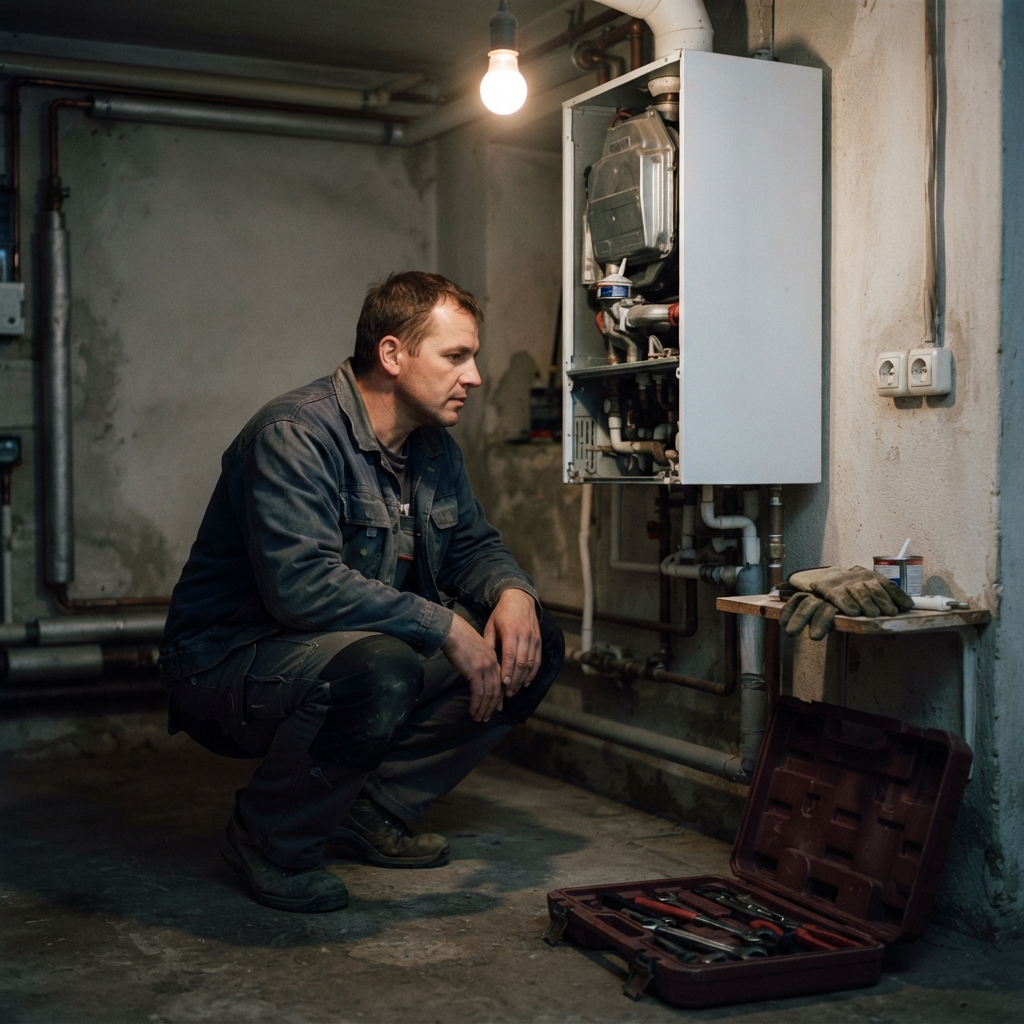 Instalatér v podřepu u otevřeného plynového kotle v technické místnosti, vedle otevřený kufr s nářadím.