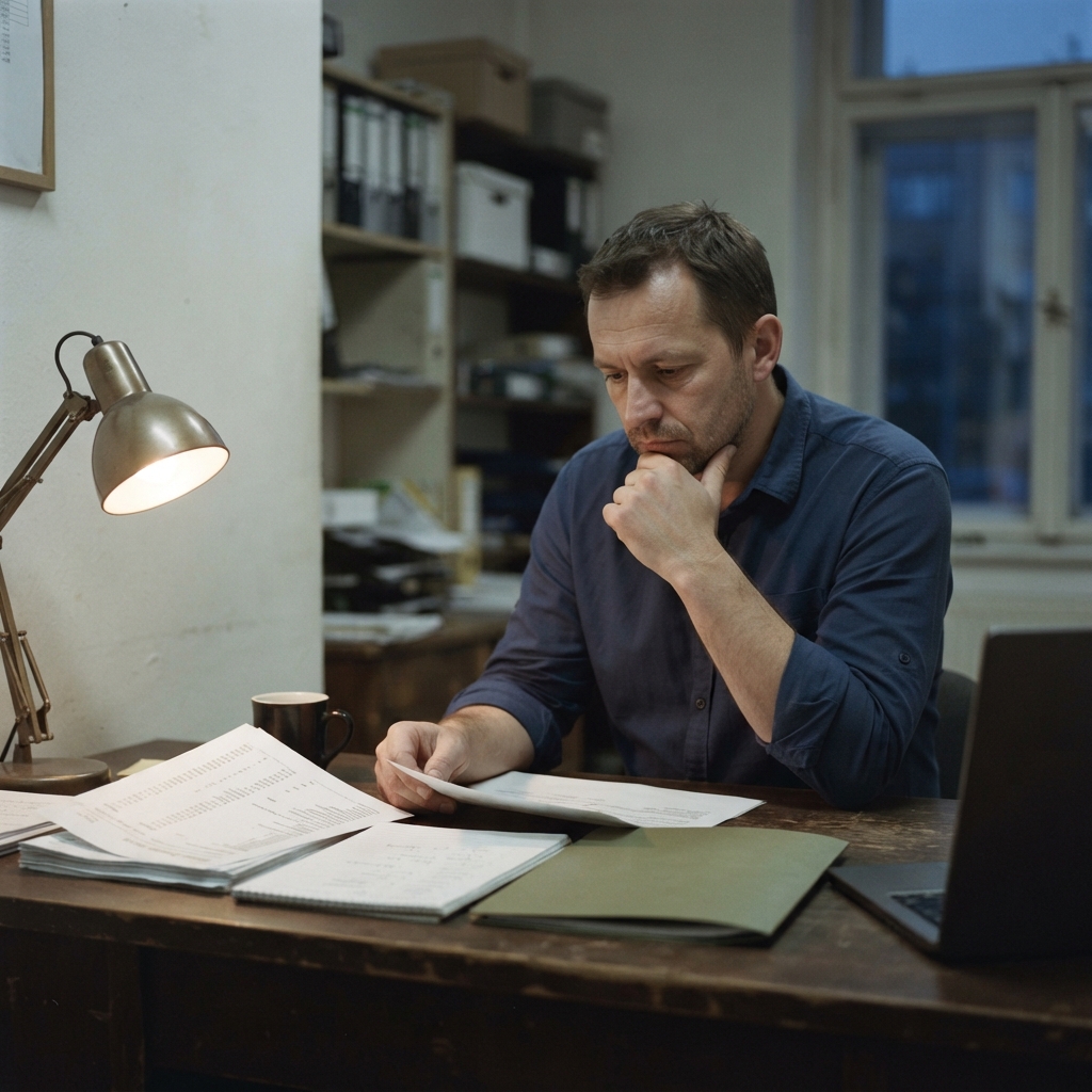 Obchodník ve večerní kanceláři pročítá papírovou poptávku u notebooku.